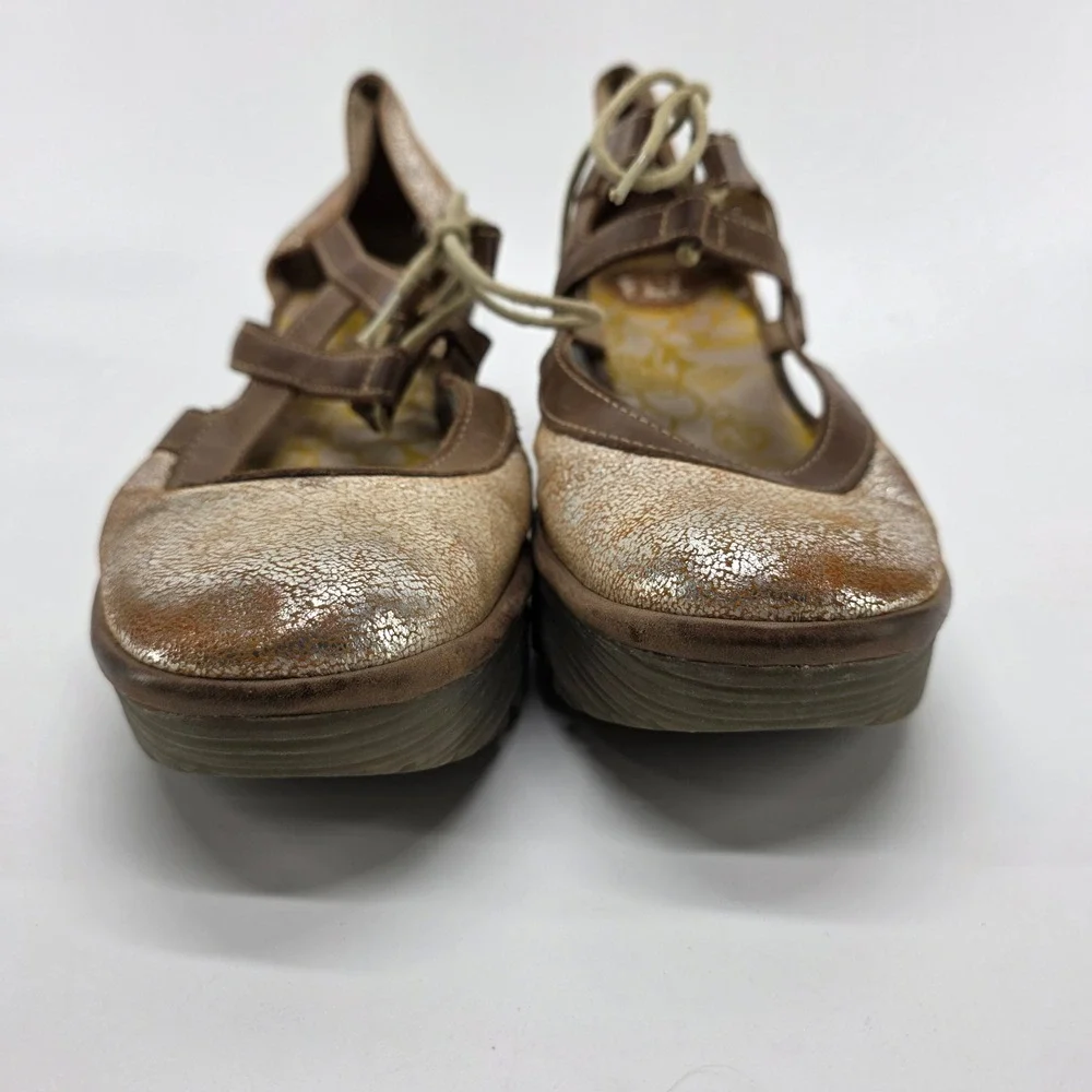 Fly London Yett Wedge Mary Janen Heels Bronze Metallic Leather Shoes sz 40 9-9.5